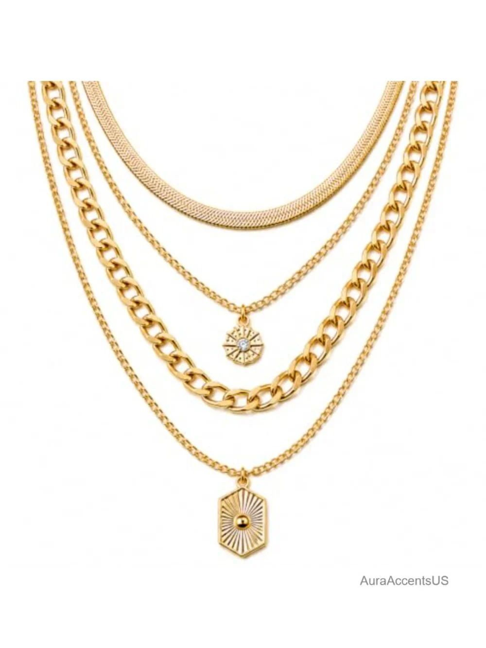Layered Gold Tone Choker Necklace, Chunky Chain Tassel Pendant, Statement